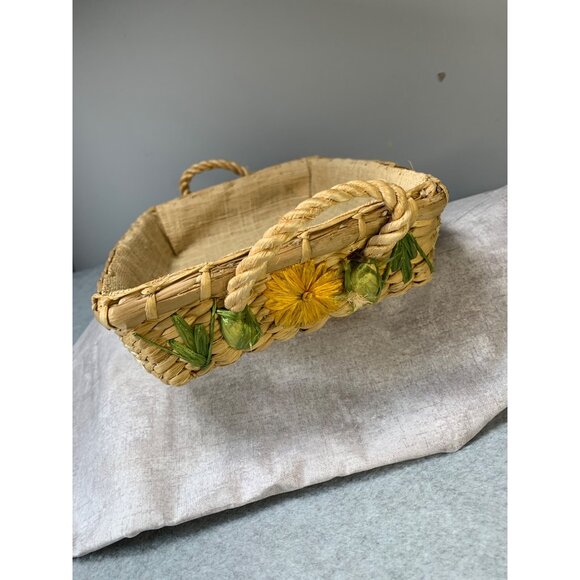 Vintage Handwoven Rattan Storage Basket With Floral Embellishments Handles 11x7 - Picture 4 of 11